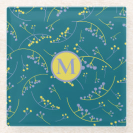 Matig monogram lila geel bessenpatroon glazen onderzetter