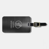 Matig monogram zwart grijs geborsteld glam metaal bagagelabel (Voorkant horizontaal)