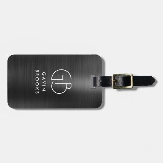 Matig monogram zwart grijs geborsteld glam metaal bagagelabel (Voorkant horizontaal)