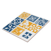 Matig, patchwork, wit, marineblauw, mosterdgeel tegeltje (Zijkant)