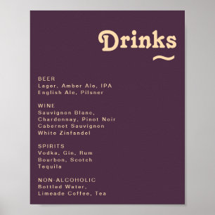 Matig Retro Dark Paars Wedding Drink Menu Sign Poster