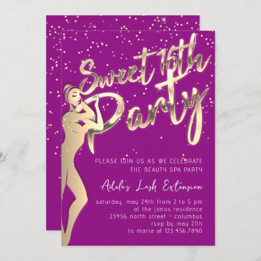 Matig roze Gold Sweet 16th Party script Kaart (Voorkant / Achterkant)