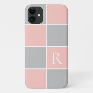 Matig roze, grijs vierkant kleurenblok monogrammen iPhone 11 hoesje
