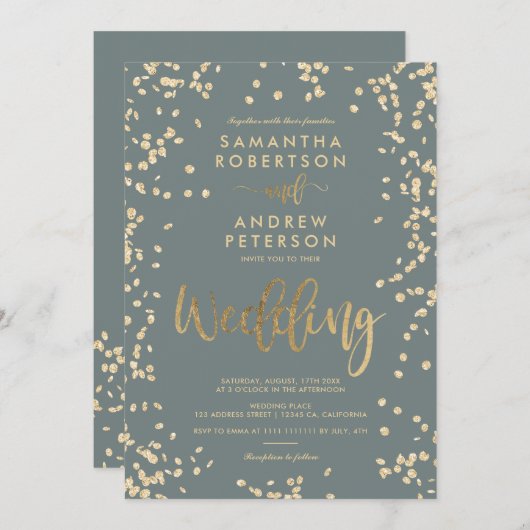 Matig script goudfolie confetti gray bruiloft kaart (Voorkant / Achterkant)