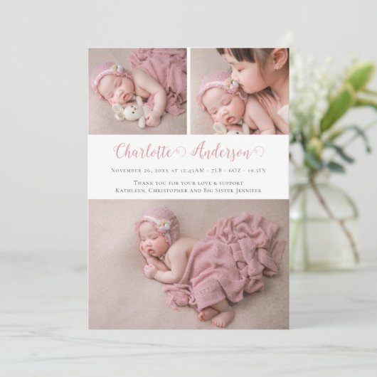 Matig script Newborn 3 Fotocollage geboorte Aankondiging (Staand voorkant)