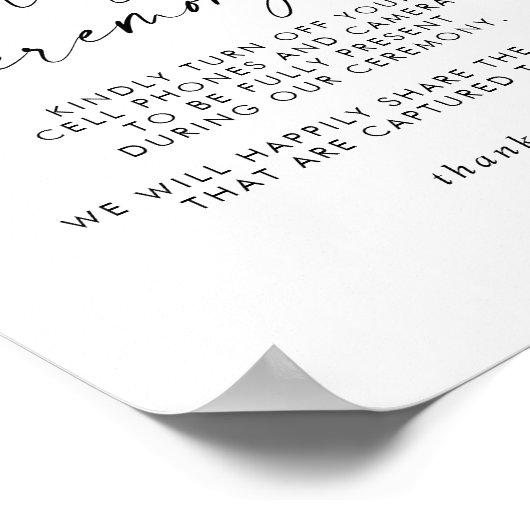 Matig Script Unplugged Ceremony Sign Poster (Hoek)