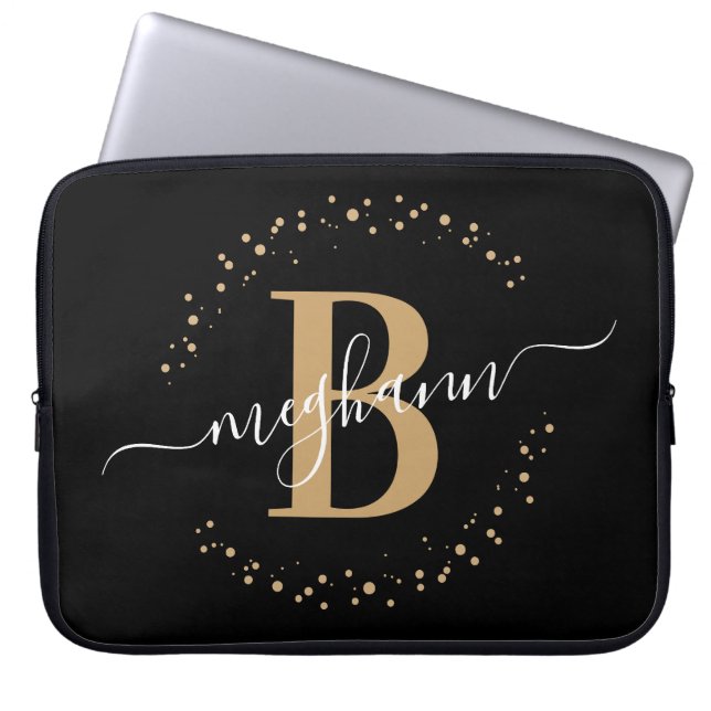 Matig Simple Girly Black Gold Monogram Script Laptop Sleeve (Voorkant)