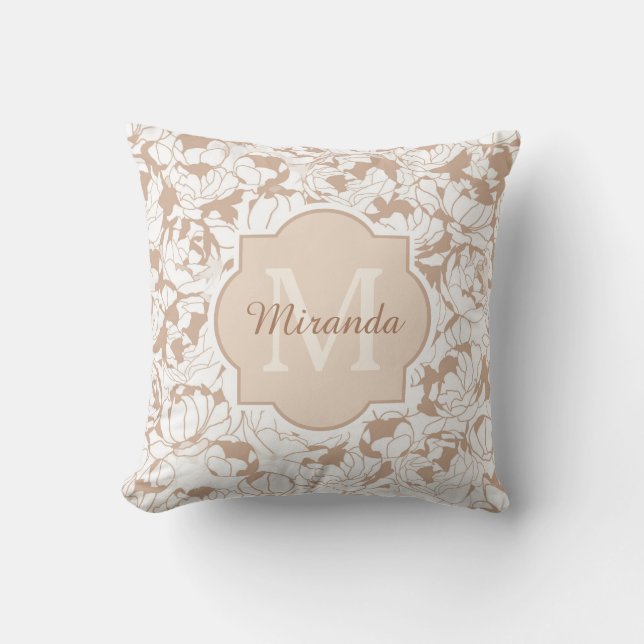 Matig Tan Floral Girly Monogram met naam Kussen (Voorkant)