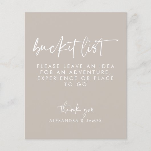 Matig Taupe Script Wedding Bucket List Sign. (Voorkant)