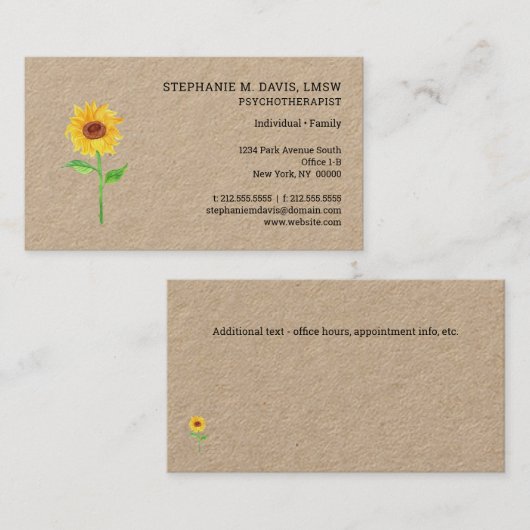Matig therapistisch Visitekaartje voor zonnebloeme (Voorkant / Achterkant)