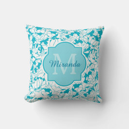 Matig turquoise Floral Girly Monogram met naam Kussen