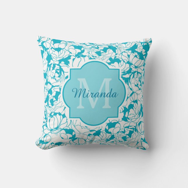 Matig turquoise Floral Girly Monogram met naam Kussen (Voorkant)
