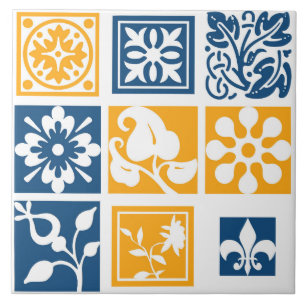 Matig, vlechtwerk, wit, marineblauw, mosterdgeel tegeltje