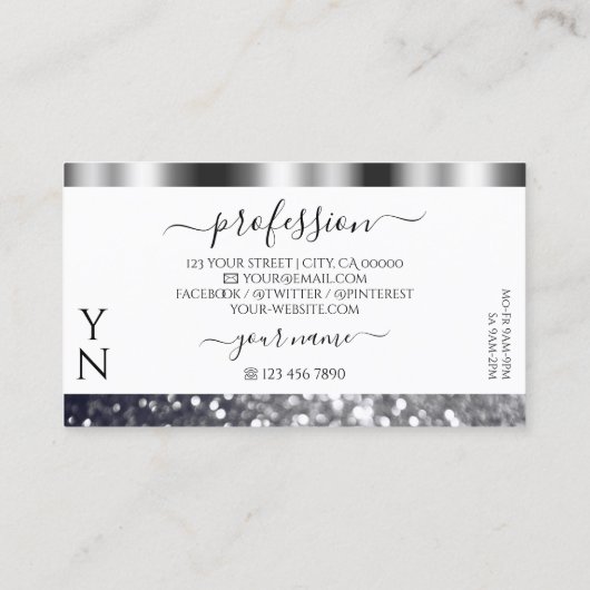 Matig wit en zilver mousserend glitter monogram visitekaartje (Achterkant)