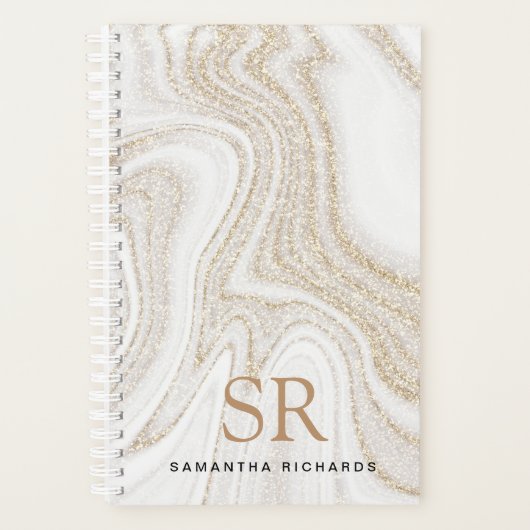 Matig witte marmer glitter monogram planner (Voorkant)