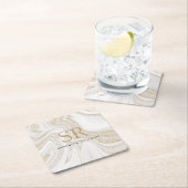 Matig witte marmer glitter monogram vierkante kartonnen onderzetter (Insitu)