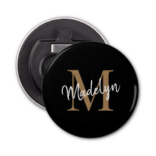 Matig zwart goudmonogram elegant eminine-script button flesopener