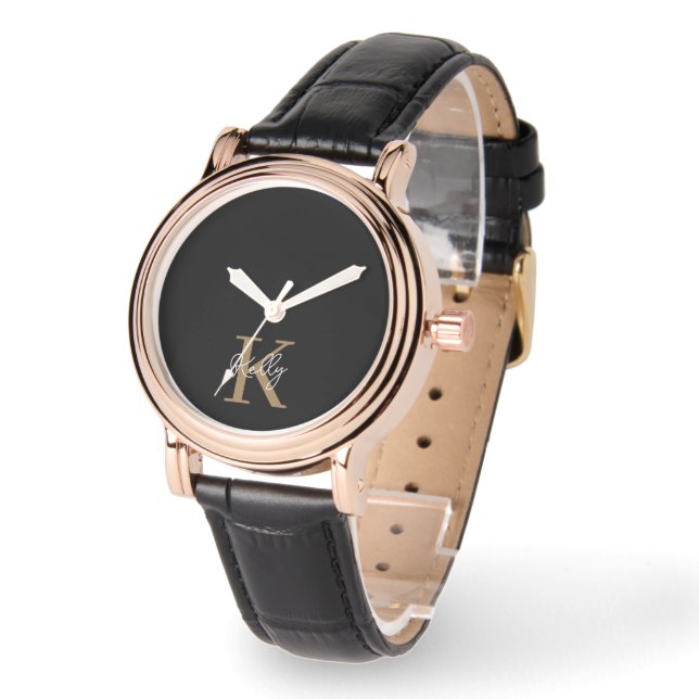 Matig zwart goudmonogram script horloge (Hoek)