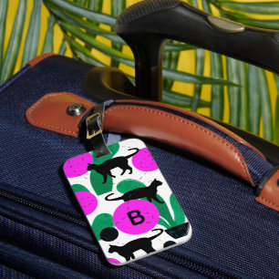 Matig zwart kat en cactus Patroonmonogram Bagagelabel