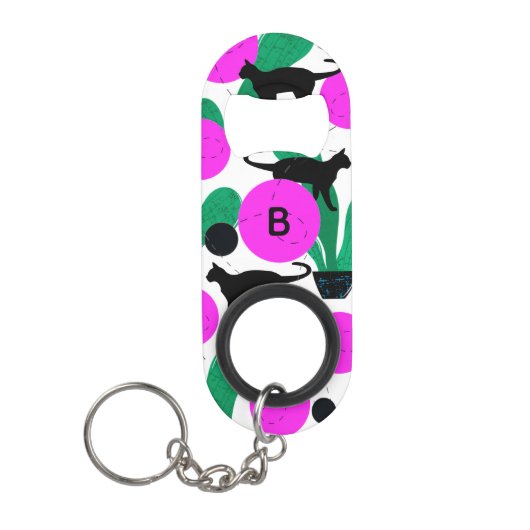 Matig zwart kat en cactus Patroonmonogram Mini Flessenopener (Voorkant)