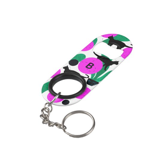 Matig zwart kat en cactus Patroonmonogram Mini Flessenopener (Achterkant Gekanteld)