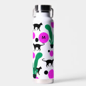 Matig zwart kat en cactus Patroonmonogram Waterfles (Voorkant)