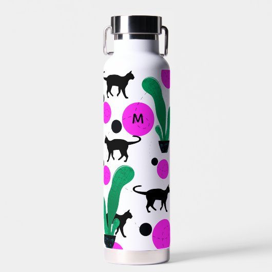 Matig zwart kat en cactus Patroonmonogram Waterfles (Voorkant)