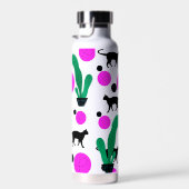 Matig zwart kat en cactus Patroonmonogram Waterfles (Rechts)