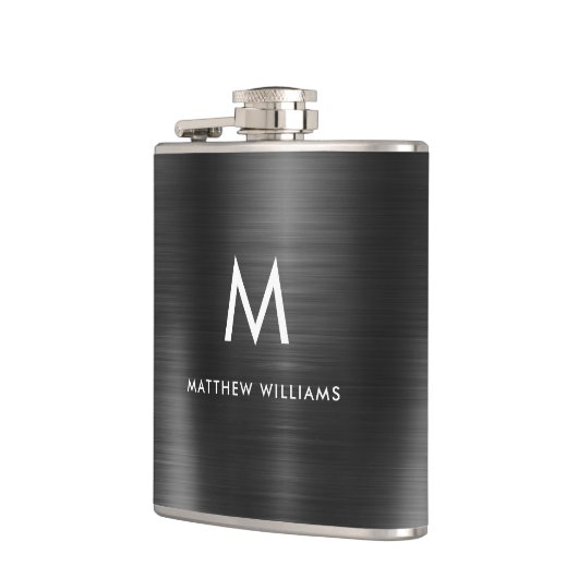 Matig zwart monogram, geborsteld staal heupfles (Links)