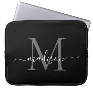 Matig zwart monogram zwart grijs zilver Girly Scri Laptop Sleeve