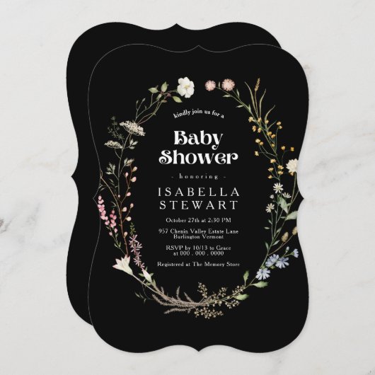 Matig Zwart Wildflower Elegant Baby shower Kaart (Voorkant / Achterkant)