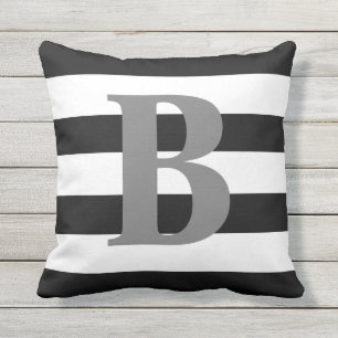 Matig zwart wit gestreept patroon grijs monogram buitenkussen