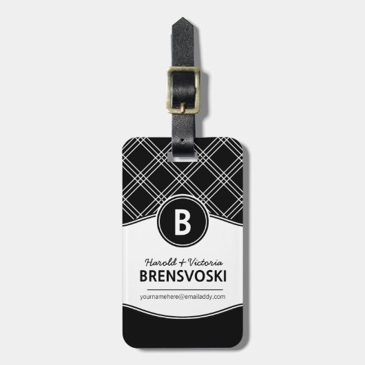Matig zwart-wit monogram bagagelabel (Voorkant verticaal)