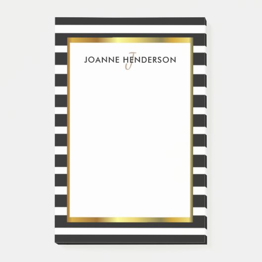 Matig zwart-wit strepen gouden monogram post-it® notes (Voorkant)