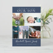 Matige Foto Collage Blue Baby Birth Aankondiging (Staand voorkant)