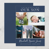 Matige Foto Collage Blue Baby Birth Aankondiging (Voorkant / Achterkant)