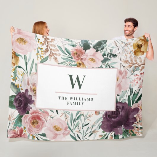 Matige waterverf florale elegant monogram roze fleece deken (In situ)
