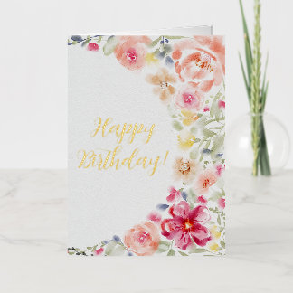 Matige waterverf floralen gefokt Happy Birthday Folie Wenskaart