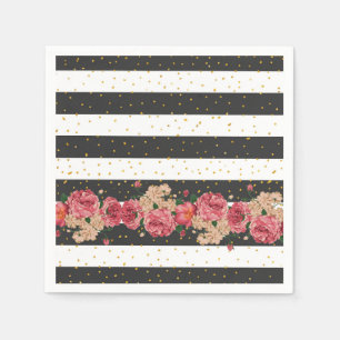 Matige zwarte strepen gouden faux glitter floral servet