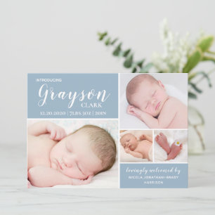 Matin Blue Photo Collage Baby Birth Aankondiging