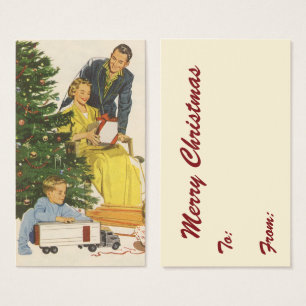 Matin de Noël vintage, famille ouvrant des cadeaux