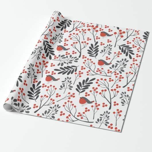 Matin Red Berry Kerstmis Rood Gray Cadeaupapier (Uitgerold)