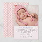 Matin roze baby Girl Birth Aankondiging (Voorkant / Achterkant)