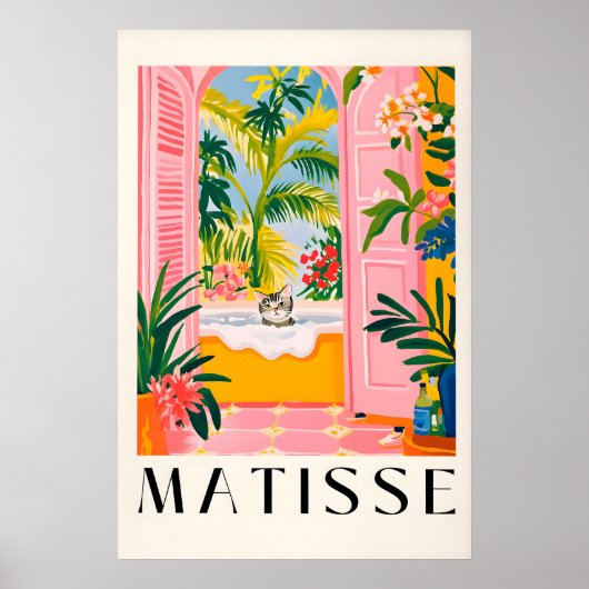 Matisse Cat Print Pink Bathroom Wall Art, Funny (Voorkant)