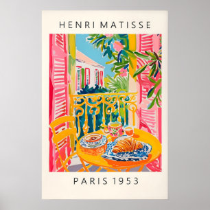 Matisse stijl koffie en croissant kunstprint roze poster