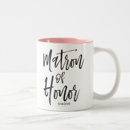 Matron of Honor | Aangepaste bruiloft in Script-st Tweekleurige Koffiemok (Rechts)