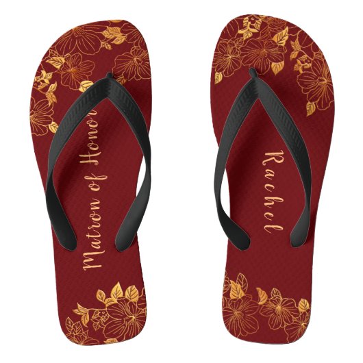 Matron of Honor Dark Burgundy Gold Foliage Pattern Teenslippers (Voetbed)