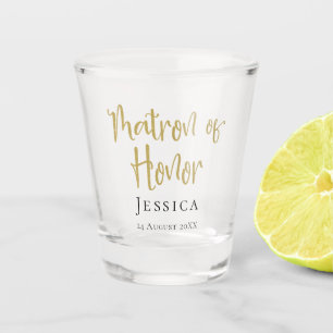 Matron of Honor Gold Script Naam Datum Typografie Shot Glas