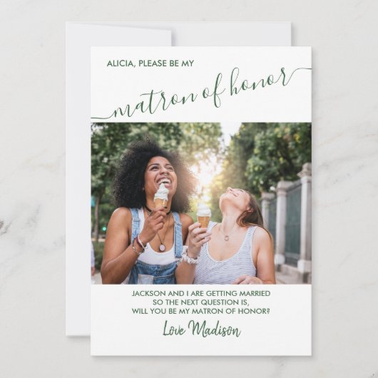 Matron of Honor: Groen en wit fotovoorstel Kaart (Voorkant)