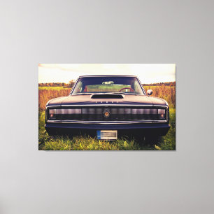 Matte Black 1966 Dodge Charger op gras Canvas Afdruk